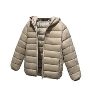 Odeerbi Kids Boys Girls Winter Down Jacket Thermal Puffer Coat Kids Cute Solid Color Casual Keep Warm Hooded Down Coat Windbreaker Outerwear Kids Clothes Khaki
